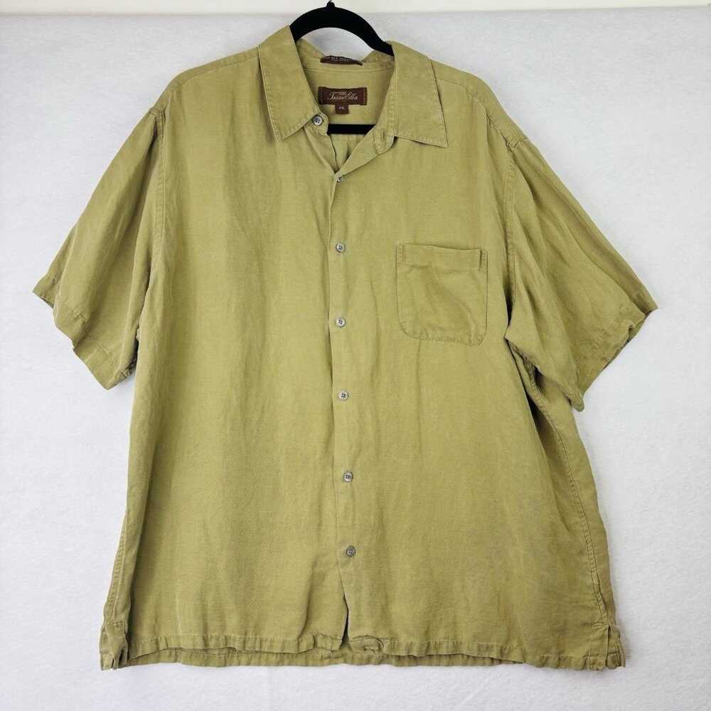 Tasso Elba Spa Shirt Mens XXL Green Silk Linen Blend Short Sleeve Button Down
